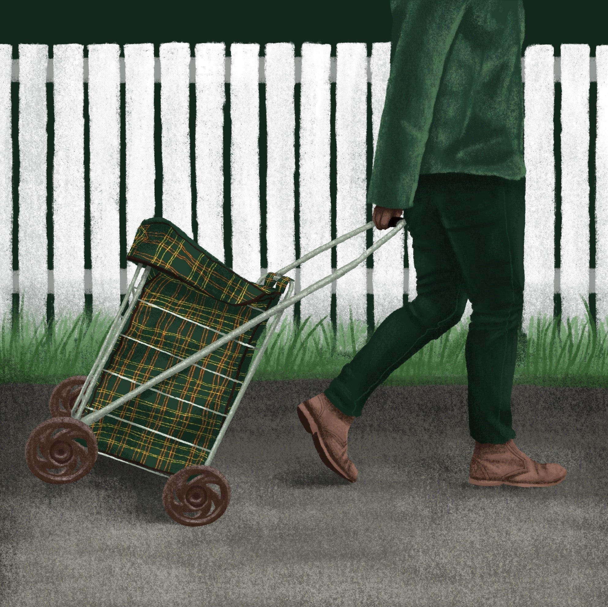 shopping cart, shopping trolley being pulled by a woman in a green outfit past a white picket fence