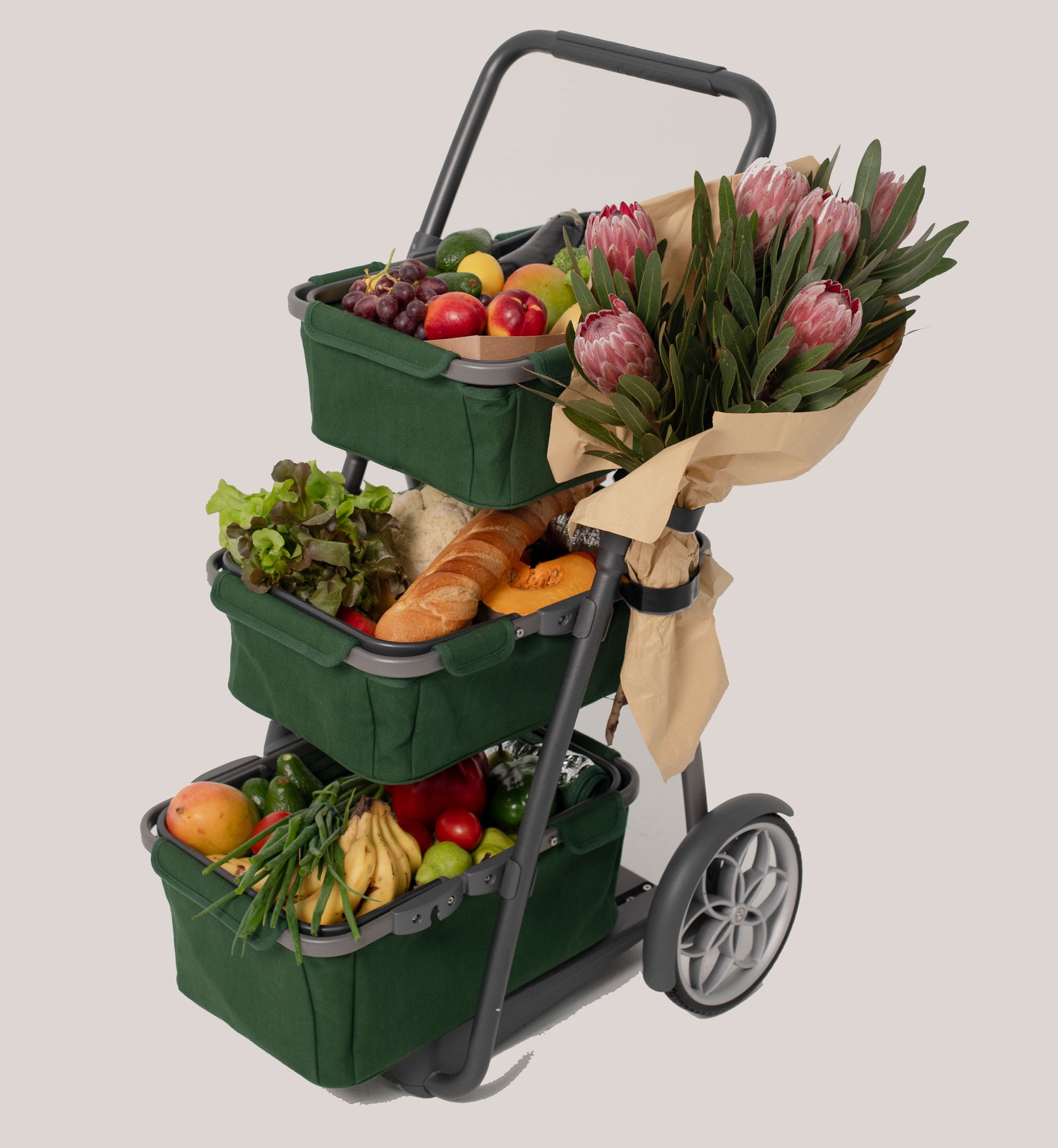 Three tired green & silver shopping cart with 2 wheels. Loaded with fruit and vegetables and a bunch of pink banksia flowers
